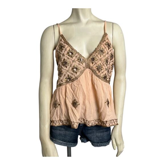 Boho Embroidered Camisole Women's Size M Peach Adjustable Straps Floral tank - Picture 2 of 6